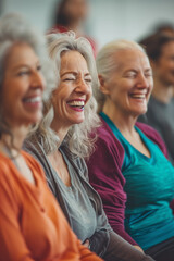 Fototapeta premium Elderly women laughing and sitting together in yoga studio.
