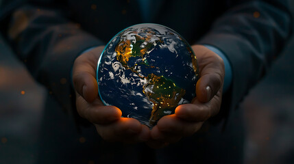 a pair of hands cradling a luminous globe, symbolizing care and guardianship over our planet.