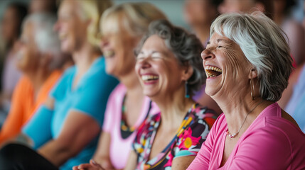 Fototapeta premium Elderly women laughing and sitting together in yoga studio.