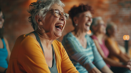 Fototapeta premium Elderly women laughing and sitting together in yoga studio.