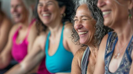 Elderly women laughing and sitting together in yoga studio.