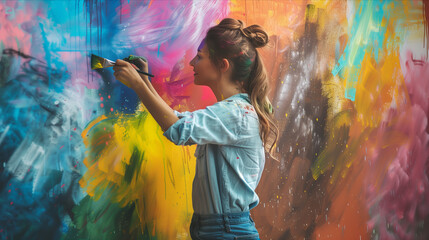 Caucasian female artist spray paints wall art, graffiti.
