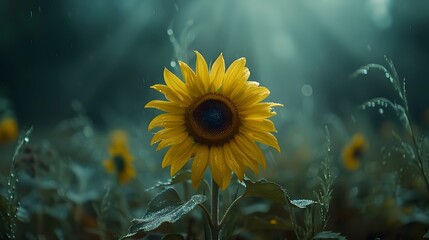 A Sunflower's Close-Up Amidst a Sunflower Field.