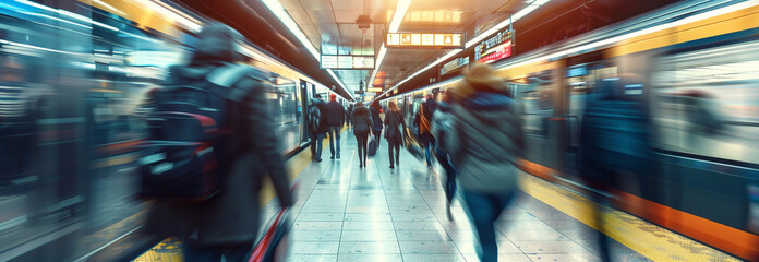 Obraz premium Blurred image of people walking at subway station.