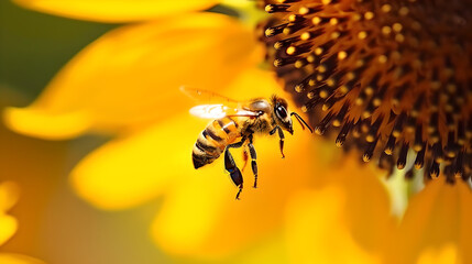 Close up of flying honey bee pollinating yellow sunflower blossom  - Powered by Adobe