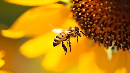 Foto auf Acrylglas Close up of flying honey bee pollinating yellow sunflower blossom  © Jakob