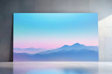 Large painting of a mountain landscape at dawn on the floor against a wall indoors.  AI generative.