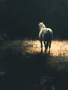 Oil painting of white horse from behind in black background