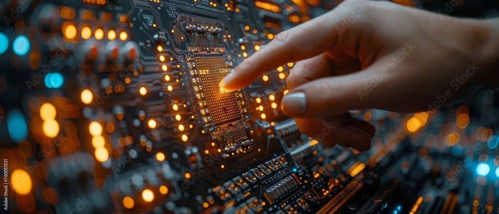 Fototapete Hand-touching CPU icon using artificial intelligence (AI) with machine deep learning and data mining.