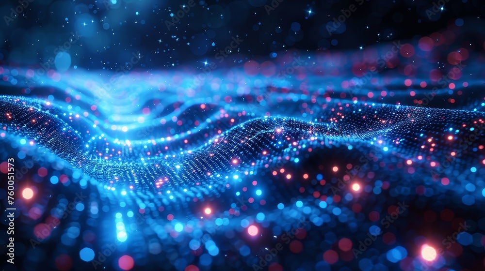 Leinwandbilder An abstract background of blue digital cyberspace with particles and lighting. Conceptual illustration of digital data network connections and data analysis processes.