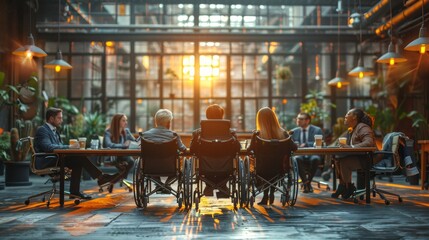 Inclusion of a colleague in a wheelchair in a meeting of business people - obrazy, fototapety, plakaty