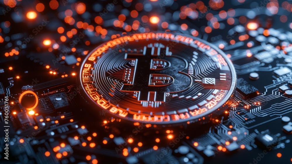 Poster The blockchain crypto currency is encrypted digitally, the digital money is exchanged, and there are global network connections in the background. 3D rendering of the blockchain crypto currency.