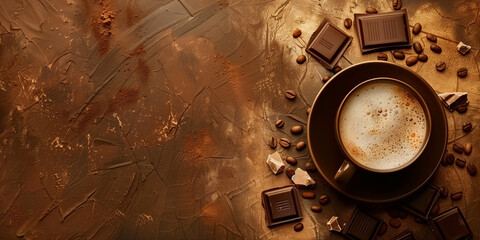 Cup of latte coffee with chocolate pieces and coffee beans on a brown background. Horizontal banner with a cup of coffee and free space for text. Raster bitmap digital illustration. 