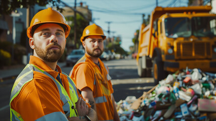 A team of Caucasian male garbage collectors is helping to collect trash in the city.