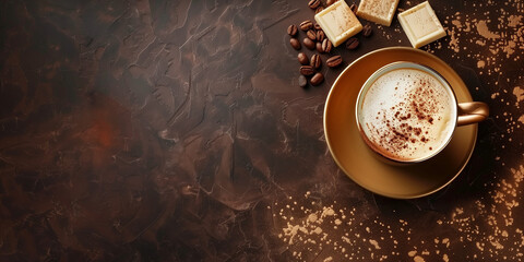 Cup of latte coffee with chocolate pieces and coffee beans on a brown background. Horizontal banner...