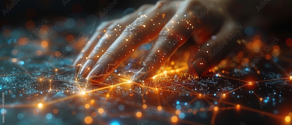 Aufkleber The concept of big data. A digital neural network. Business woman touching the introduction of artificial intelligence. The future of cyberspace. Science and innovation.