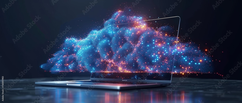 Poster Using cloud computing technology for online data storage, a laptop computer is connected to a server service over the internet. Cloud computing technology is used for business networks in order to
