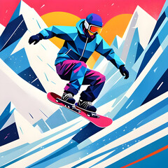 A snowboarder jumping on the slope among the schematic magical winter mountains