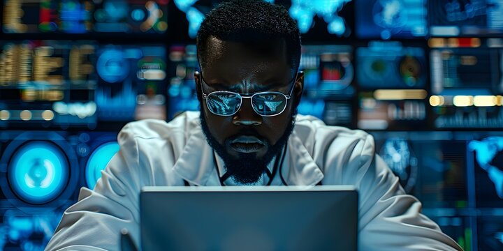 "Focused cybersecurity professional working on laptop in a modern tech environment". Concept Cybersecurity, Technology, Professional, Laptop, Modern Environment