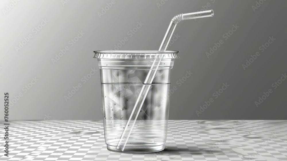 Poster modern realistic 3d empty clear plastic disposable cup with a straw isolated on transparent grid bac
