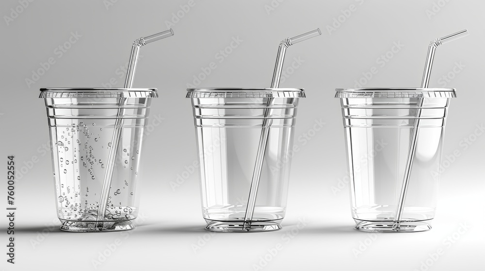 Poster an empty clear plastic disposable cup with a straw set closeup isolated on white. design template fo