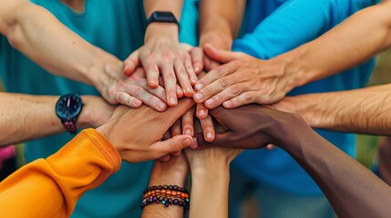 A stack of hands showing unity and teamwork between friends. - obrazy, fototapety, plakaty