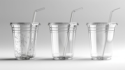 An empty clear plastic disposable cup with a straw set closeup isolated on white. Design template for packaging mockups - milkshakes, tea, fresh juice, lemonades etc.