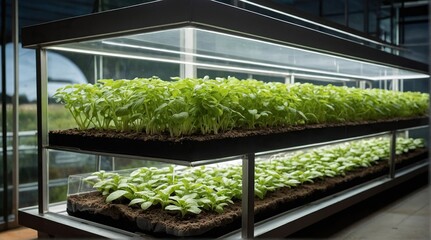 Hydroponics. Rows of seedlings in a greenhouse.