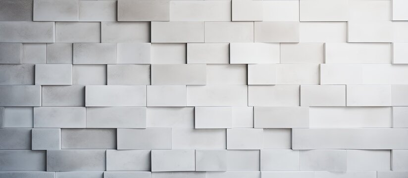 A white wall adorned with a repetitive pattern of grey rectangles in a symmetric and parallel layout. The rectangles give a subtle texture to the beige building material