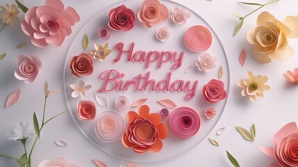 Elegantly Crafted Happy Birthday Message with Quilled Flowers and Leaves