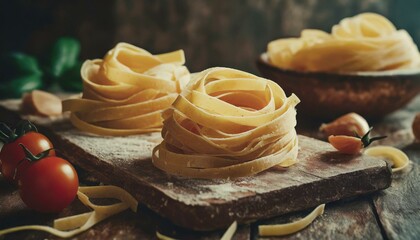 fettuccine pasta on a wooden background