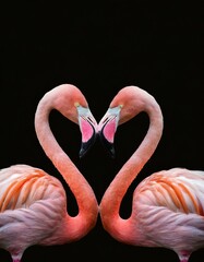 Naklejka premium Two pink flamingos forming heart shape with their necks on black background