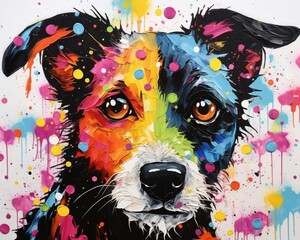 Bright and bold crushed glass painting featuring a vibrant dog portrait