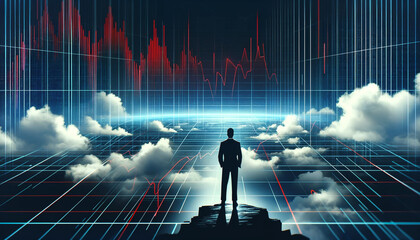 Man Standing on Top of Mountain Surrounded by Clouds an Looking at a Trend Line. Concept Vision and Future Planning - obrazy, fototapety, plakaty