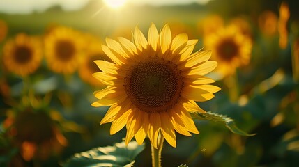 A Sunflower's Close-Up Amidst a Sunflower Field