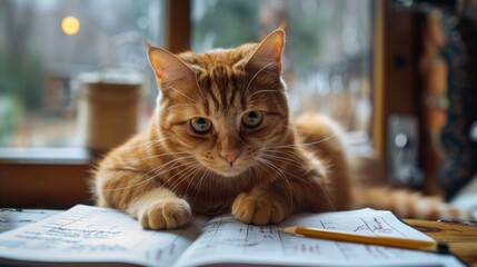 Cute cat thinking, frustrated and fed up doing homework at home. Cat working inside, happy homework. Funny kitten creative concept for advert, poster, app, web