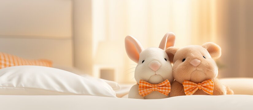 Two toy rabbits with bow ties sit side by side on a bed. Their fawncolored fur and cute snouts make them a charming addition to the room