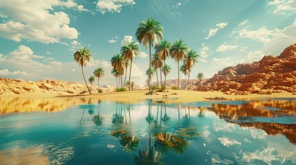 Blazing sun casts a surreal mirage of an oasis with palms and water in the desert's heart