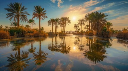 Fototapeta na wymiar Illusive oasis with palms and shimmering water unfolds in the desert, a mirage by the blazing sun