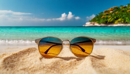 Fototapeta na wymiar Sunglasses and tranquility on a sandy beach