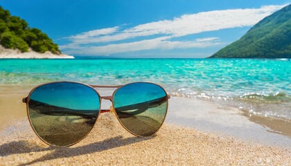 Sunglasses and tranquility on a sandy beach - obrazy, fototapety, plakaty