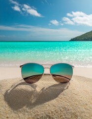Sunglasses and tranquility on a sandy beach - obrazy, fototapety, plakaty
