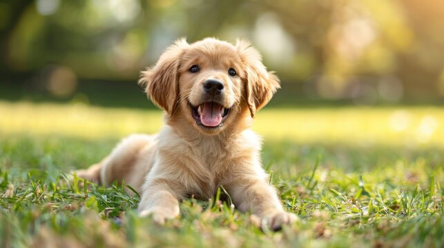 Cute Dog playing in the park, relaxing and resting on grass meadow. Puppy dog outdoors and outside on summer vacation holidays