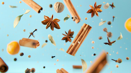 cinnamon sticks and anise on a blue background