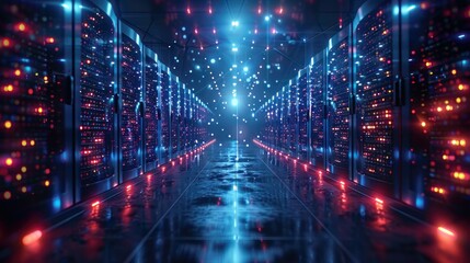 Obraz premium Futuristic abstract techno Sci-fi neon glowing lines background. Digital artwork. Reflections on the floor and ceiling. Virtual 3D background, representation for business