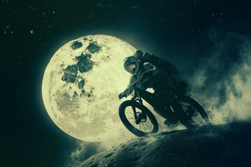 Astronaut bike moon. Nature sky travel. Generate Ai