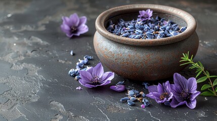  a pot filled with purple flowers sitting on top of a cement floor next to a bunch of blue and purple flowers.