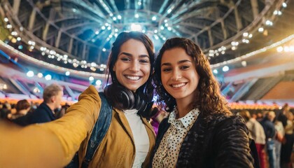 Selfie image of two young women at a concert in a giant indoor arena 