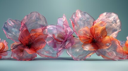  a group of pink and orange flowers sitting next to each other on a light blue surface with a gray background.
