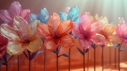  a row of colorful plastic flowers sitting on top of a wooden table in front of a light shining through the window.